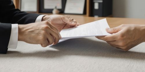 Εικόνα που δείχνει έγγραφα ιδιοκτησίας και ένα σχέδιο σπιτιού.